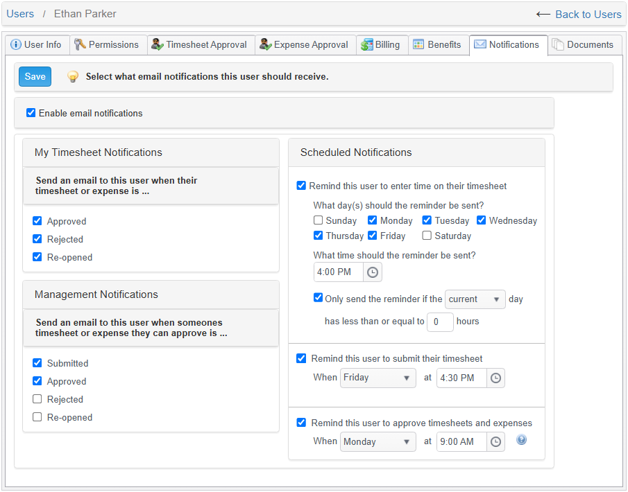 Timogix notification settings for fictional user Ethan Parker showing status subscriptions and scheduled reminders